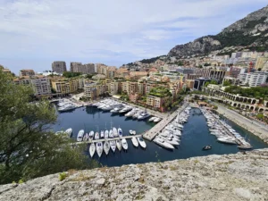 Blick auf den Hafen vom Fürstentum Monaco mit vielen Booten im Vordergrund und bunten Häusern und Berge im Hintergrund