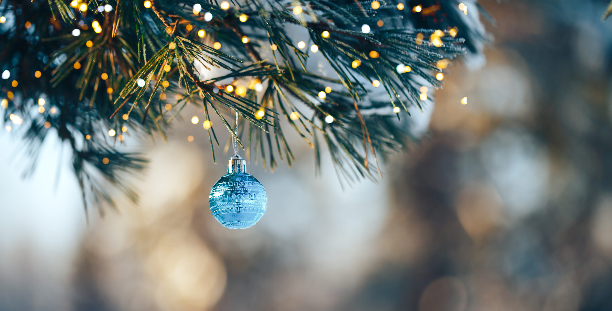 Weihnachtsbaum bedeckt mit Schnee und Baumschmuck